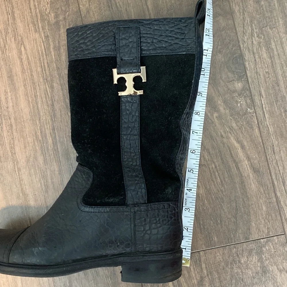 Tory Burch Moto Riding Mid Calf Pebbled Leather Boot